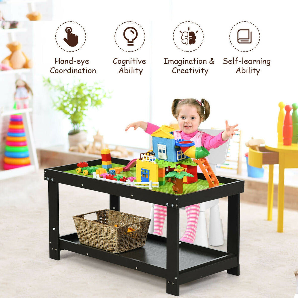 Kids activity play table in dark brown, made of natural pine, featuring storage space for toys and creative play.