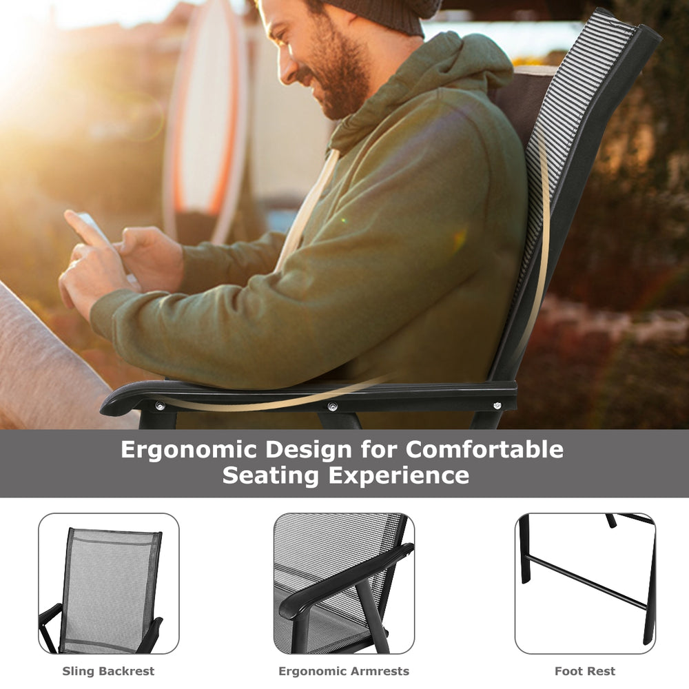 Gray folding textilene chair with ergonomic armrests, ideal for outdoor camping and gatherings, featuring a sturdy.