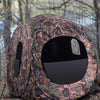 Portable pop-up ground camo blind with 360° visibility, weatherproof material, and zipper door for hunting.