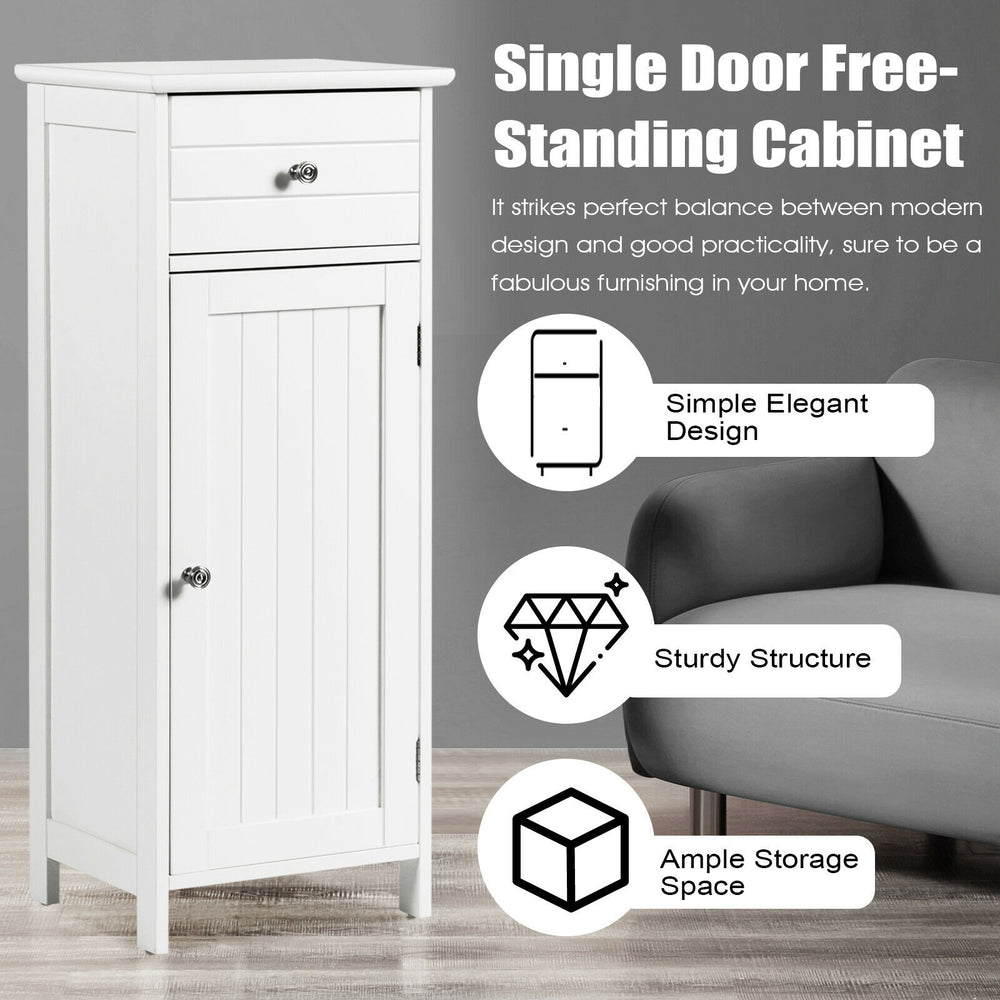 White wooden bathroom storage cabinet with drawer and adjustable shelves, perfect for maximizing space in any room.
