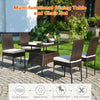 Side view of the rattan dining set displaying high back chairs with soft cushions, perfect for outdoor gatherings.