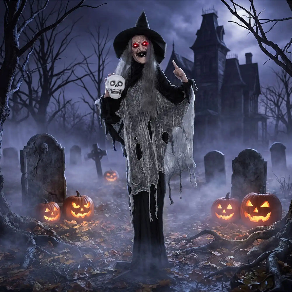 Standing 6.3 FT tall, this Halloween animatronic witch features flickering eyes and holds a skull for a spooky display.