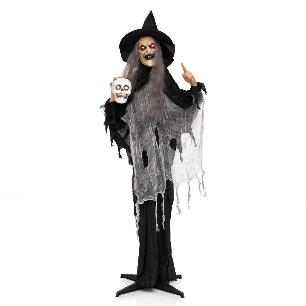 This 6.3 FT Halloween animatronic witch has a movable body and terrifying sounds, ideal for creating a spooky atmosphere.