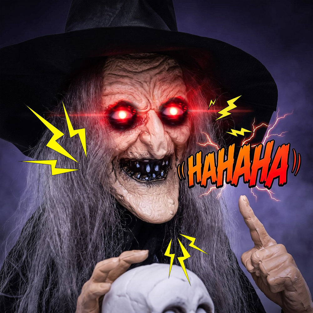 Standing 6.3 FT tall, this animatronic witch features flickering eyes and a skull, perfect for Halloween scares.