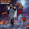 6.3 FT Halloween standing animatronic witch with skull, featuring flickering eyes and terrifying sound for spooky decor.