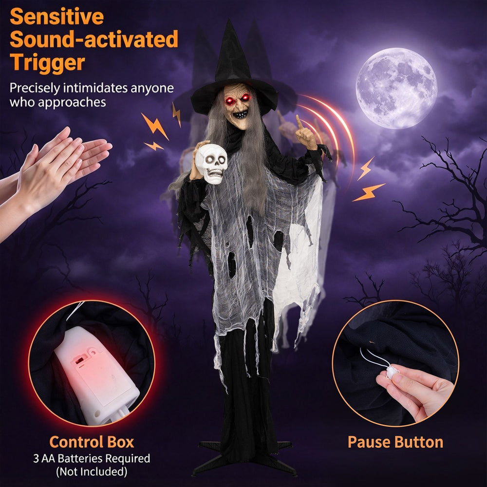 6.3 FT Halloween standing animatronic witch with flickering eyes and skull, perfect for intimidating trick-or-treaters.