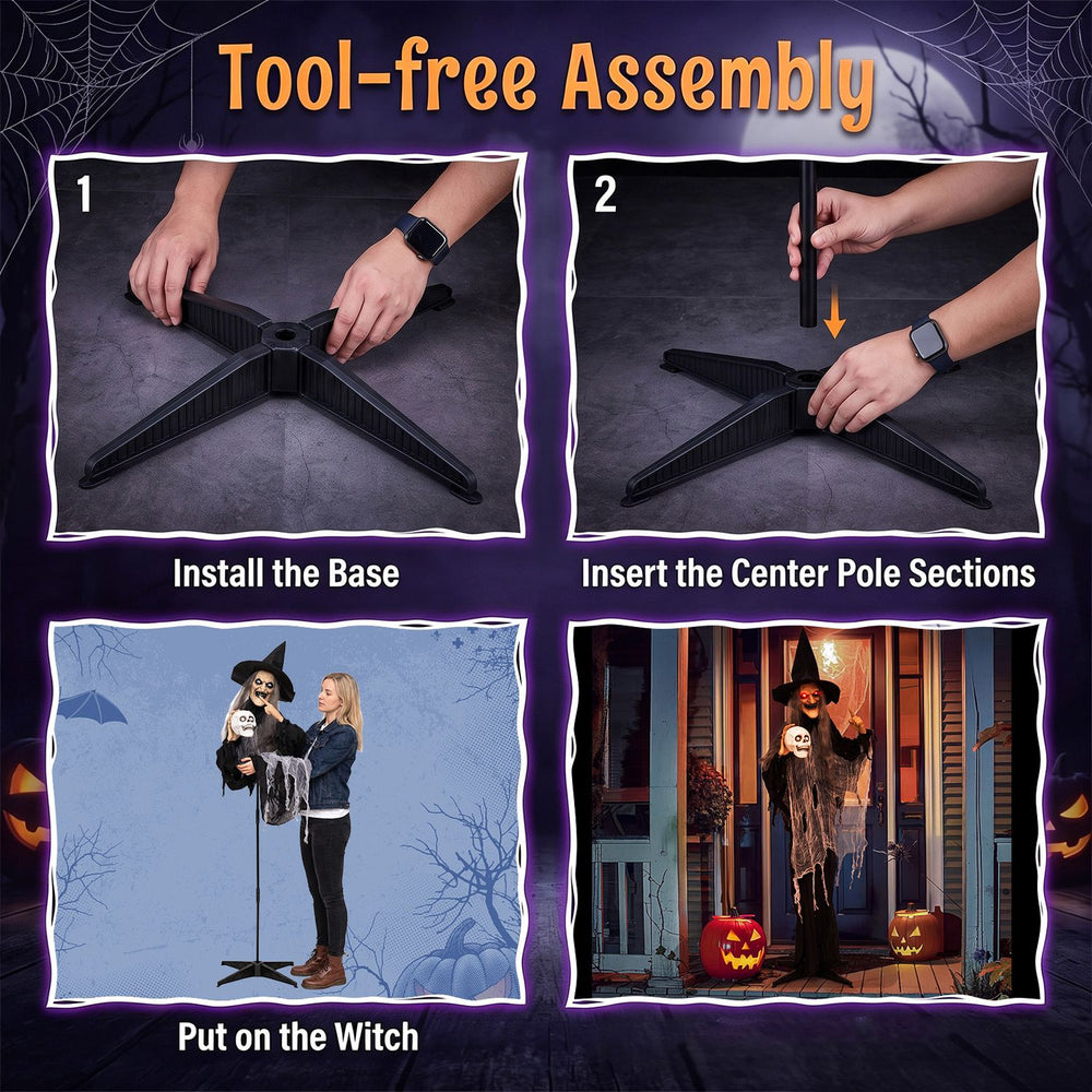 Assembling the 6.3 FT Halloween animatronic witch involves installing the base and inserting the center pole sections.