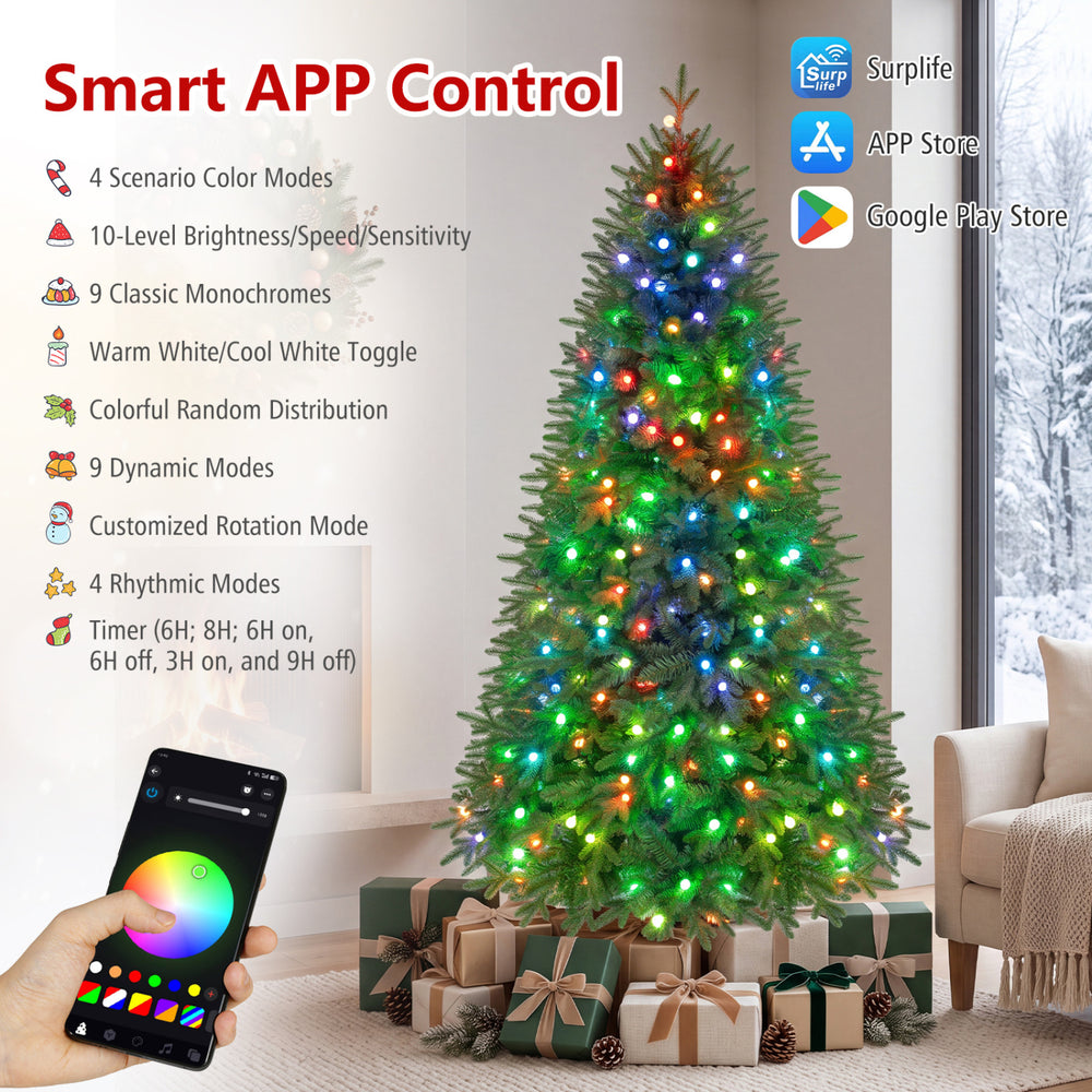 6.3 FT Smart Christmas tree with 230 RGB LED lights, remote control, and app for customizable lighting effects.