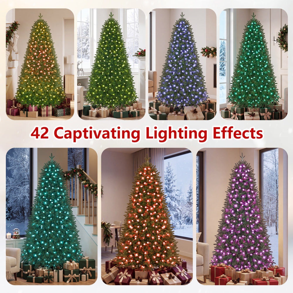 Smart 6.3 FT Christmas tree with 230 RGB LED lights, 42 lighting effects, and remote control for festive ambiance.