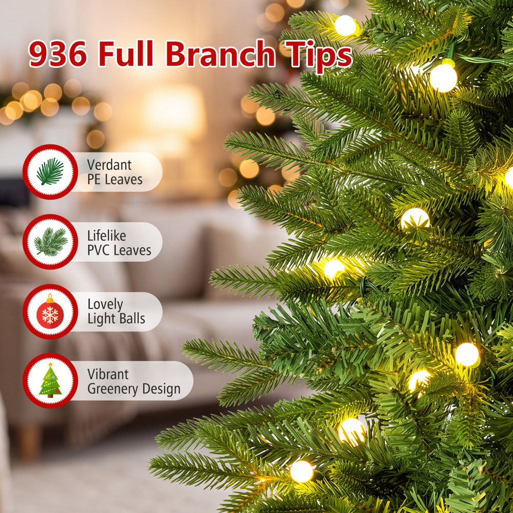 6.3 FT Smart Christmas tree with 936 full branch tips, verdant PE leaves, and 230 RGB LED lights for festive ambiance.