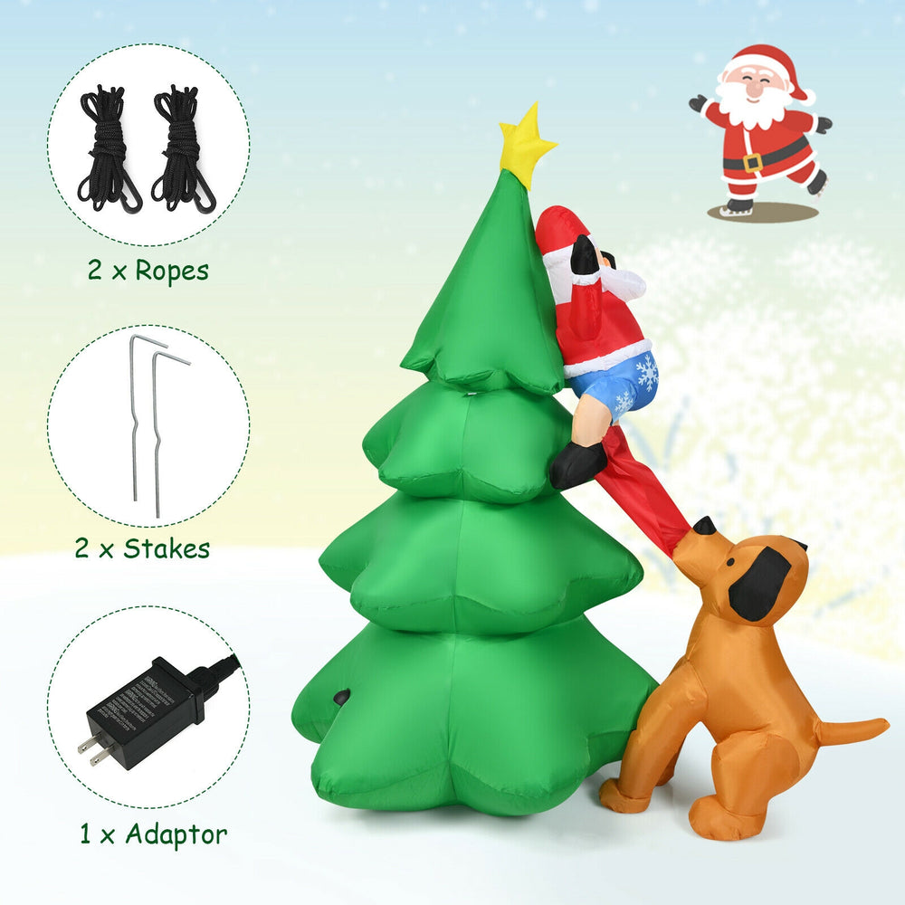Inflatable 6.5 feet Christmas tree with Santa, LED lights, and stability features for outdoor holiday decor.