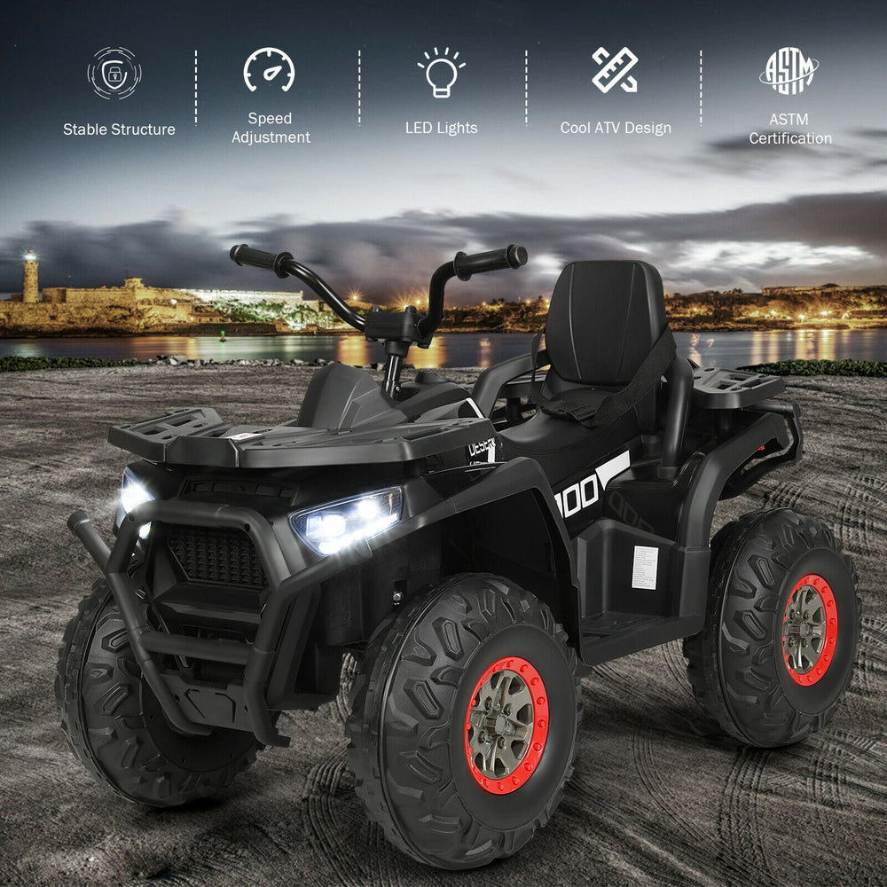 Black 12V kids electric ATV quad with LED lights, comfortable seat, and safety belt for fun outdoor driving.