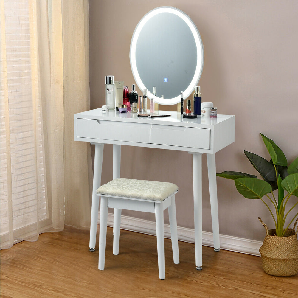 Touch Screen Vanity Makeup Table Stool Set with Lighted Mirror-White - Gallery View 1 of 12