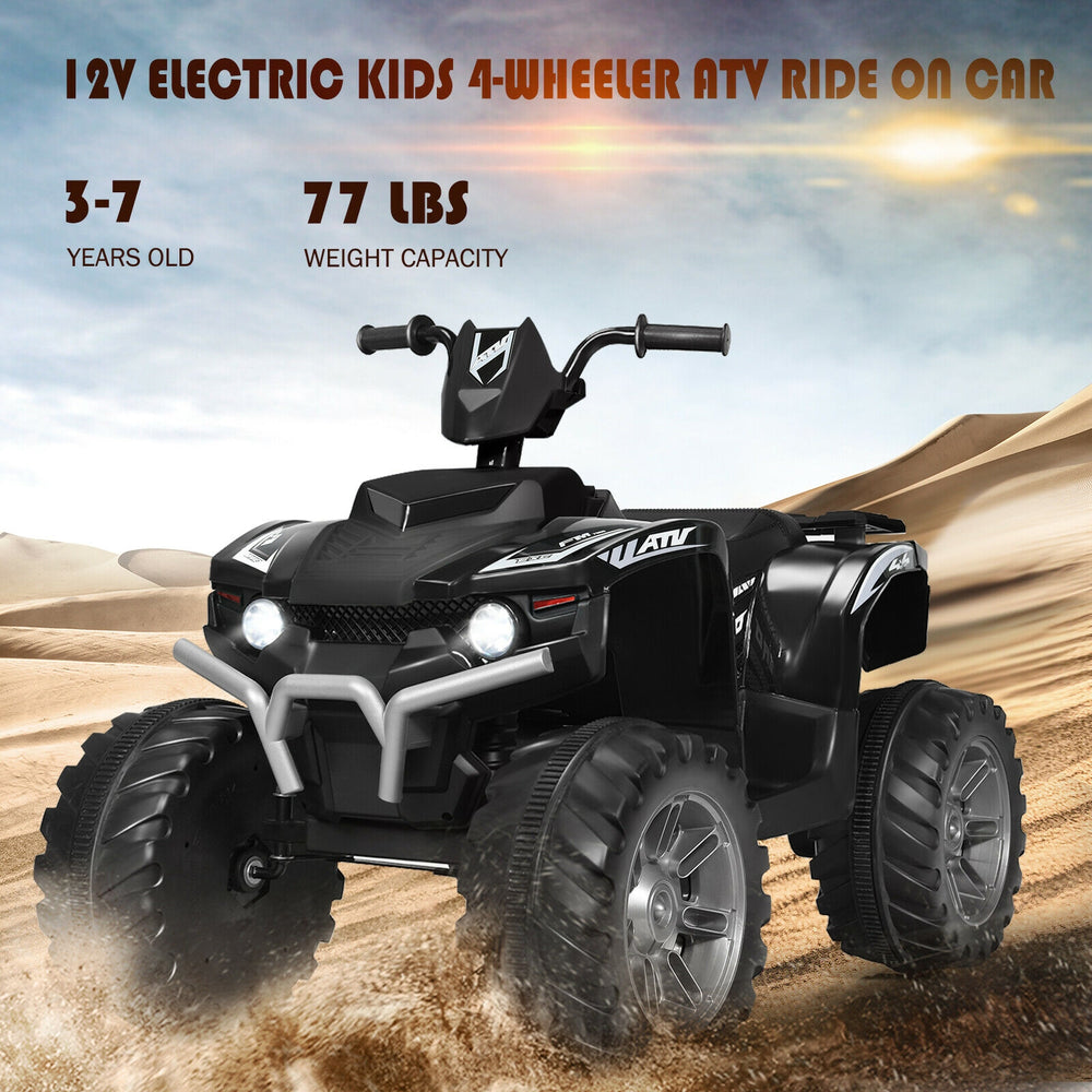 Black 12V kids ride-on ATV with LED lights, treaded tires, and high/low speed switch for outdoor fun.
