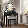 Black vanity dressing table set with 10 dimmable bulbs, cushioned stool, and 5 drawers for cosmetics storage.