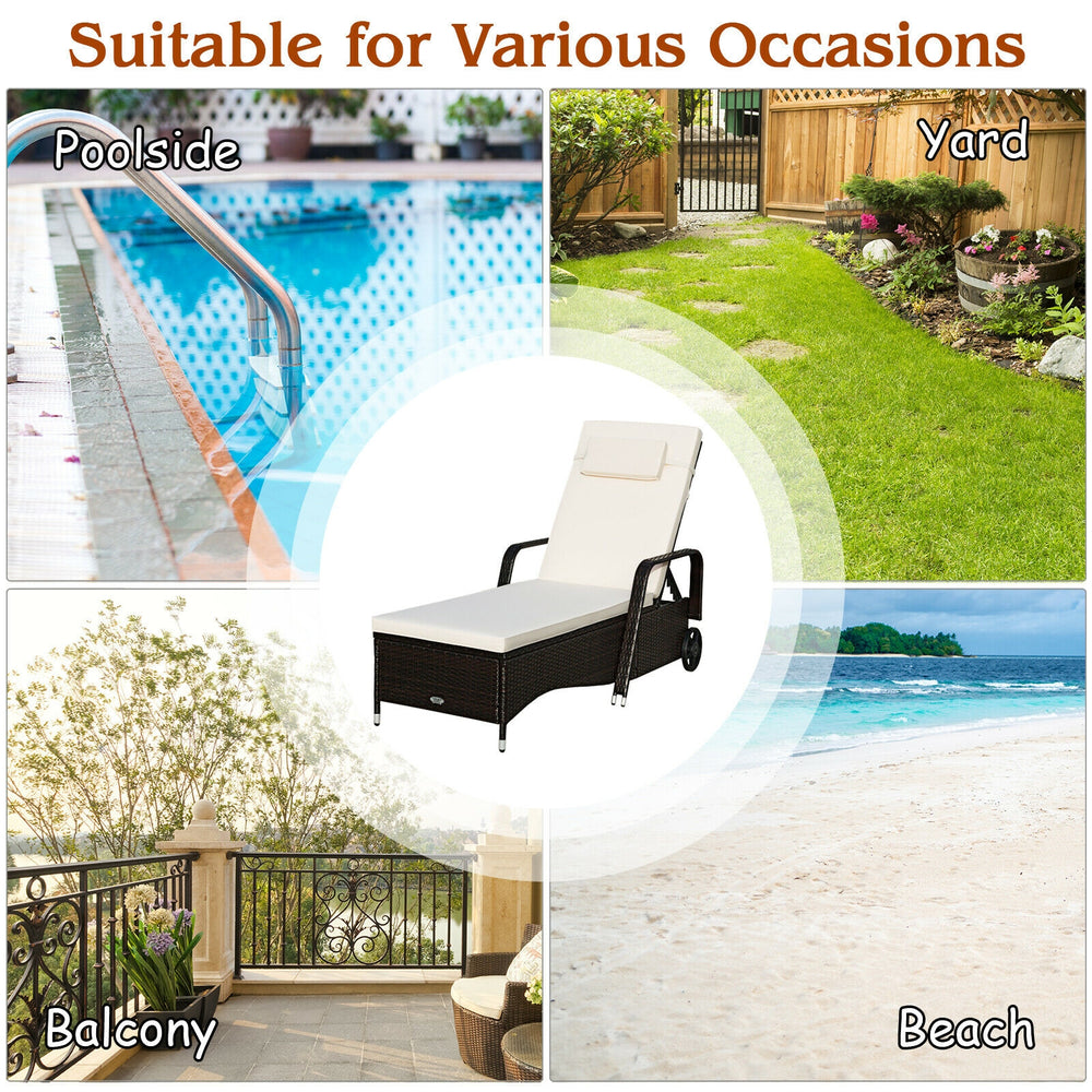 Outdoor cushioned chaise lounge with adjustable backrest, made of weather-resistant PE rattan, ideal for patio or.