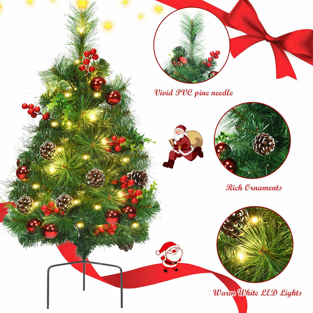 Battery-powered 29-inch pre-lit Christmas tree with vivid PVC needles, rich ornaments, and warm white LED lights for.