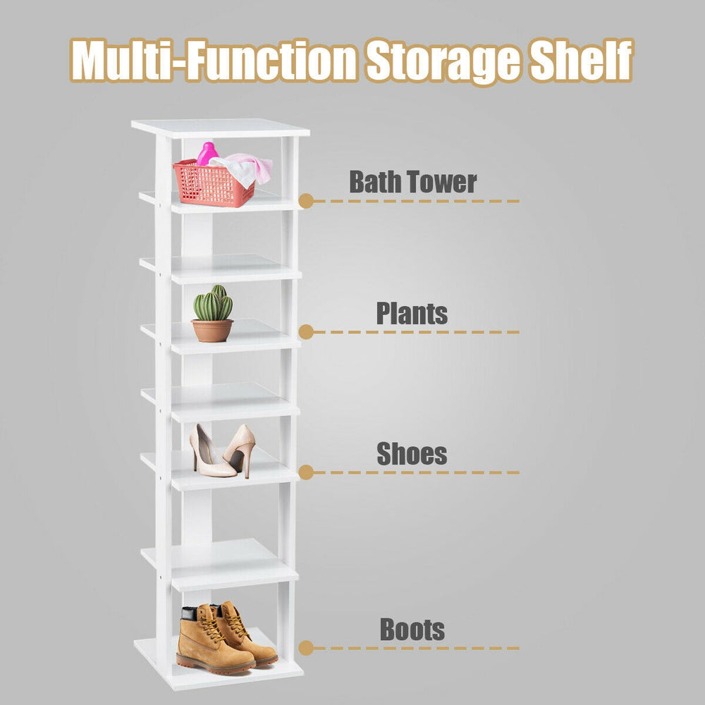7-tier wooden shoe rack organizer in white, perfect for keeping shoes tidy in hallways or rooms.