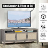 Gray universal TV stand with large storage space, supporting TVs up to 65 inches, featuring a solid wood structure.