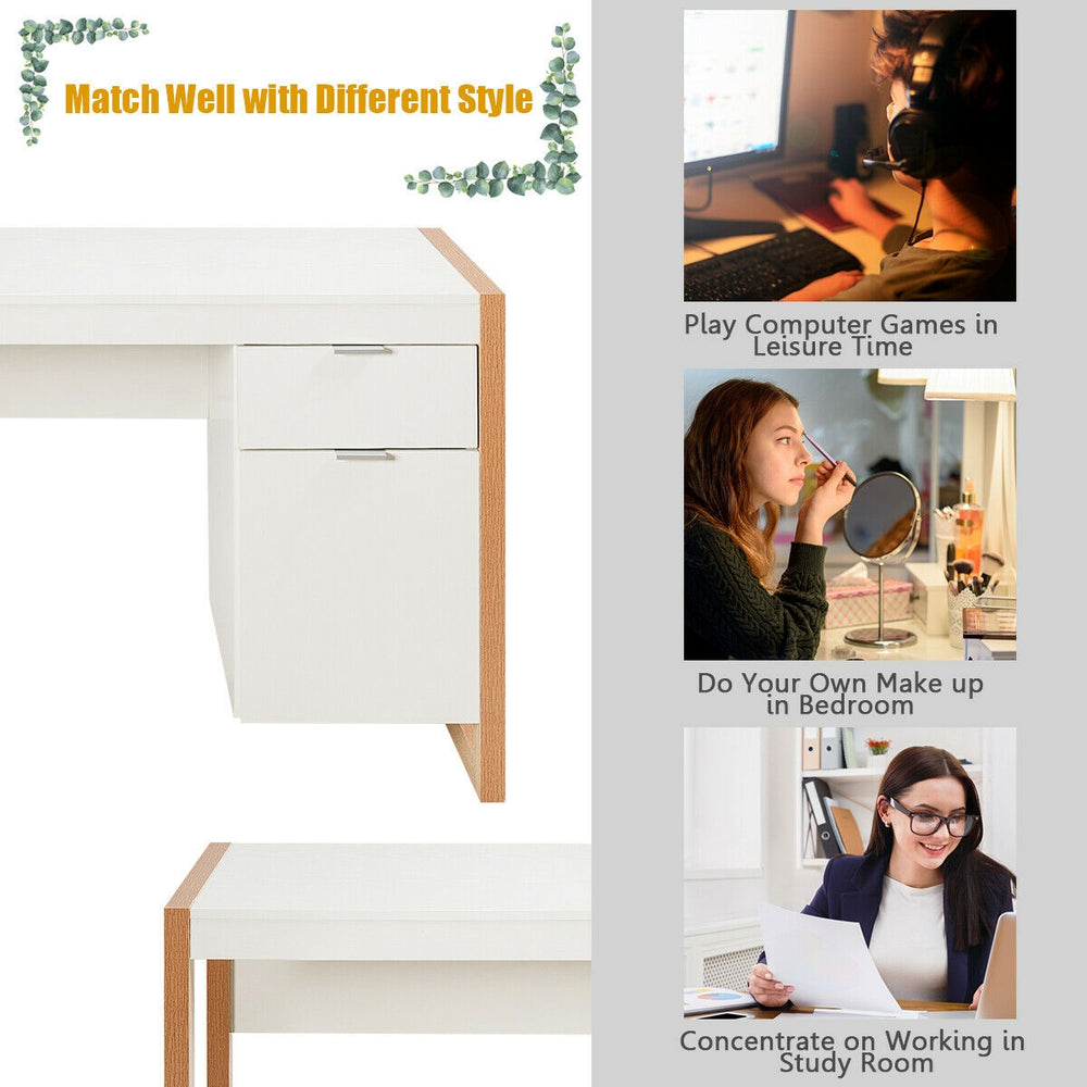 Modern white computer desk with large drawer and cabinet, ideal for study, makeup, or gaming in any home decor.