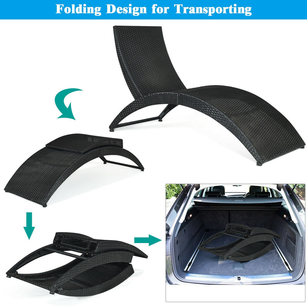 Folding patio rattan lounge chair with turquoise cushion, showcasing its portable design for easy transport and storage.