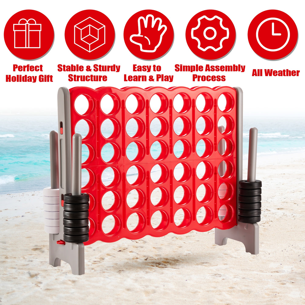 Jumbo 4 to Score giant game set in red, featuring 42 rings, ideal for outdoor parties and improving motor skills.