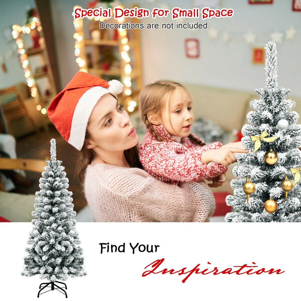 4.5 feet snow flocked artificial pencil Christmas tree with 242 branch tips, perfect for small spaces and easy to set.