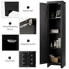 Tall black linen tower storage cabinet with four shelves, raised feet, and anti-toppling device for bathroom or living.