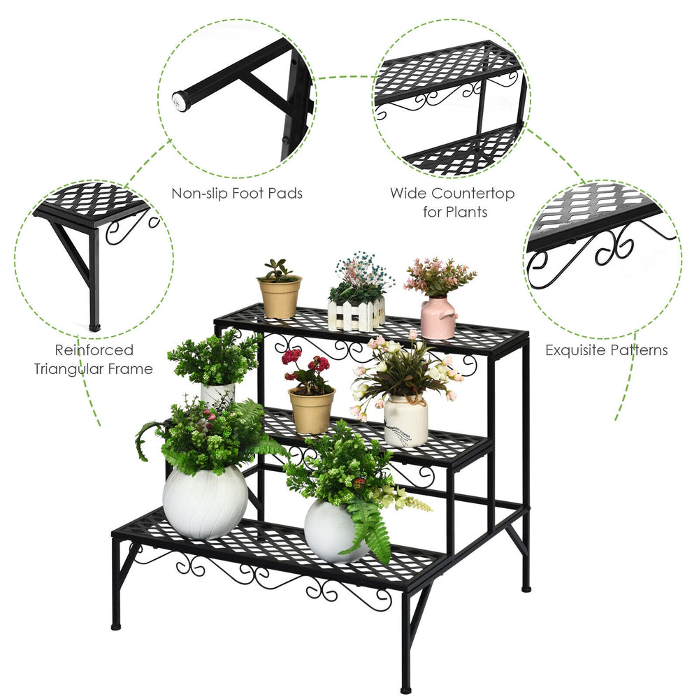 Three-tier metal decorative plant stand with elegant design, non-slip foot pads, perfect for indoor or outdoor use.