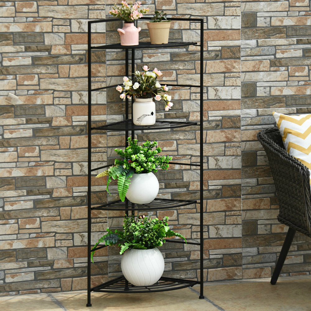 4-tier folding metal shelf plant stand with heavy-duty steel frame, perfect for corner display in garden or patio.