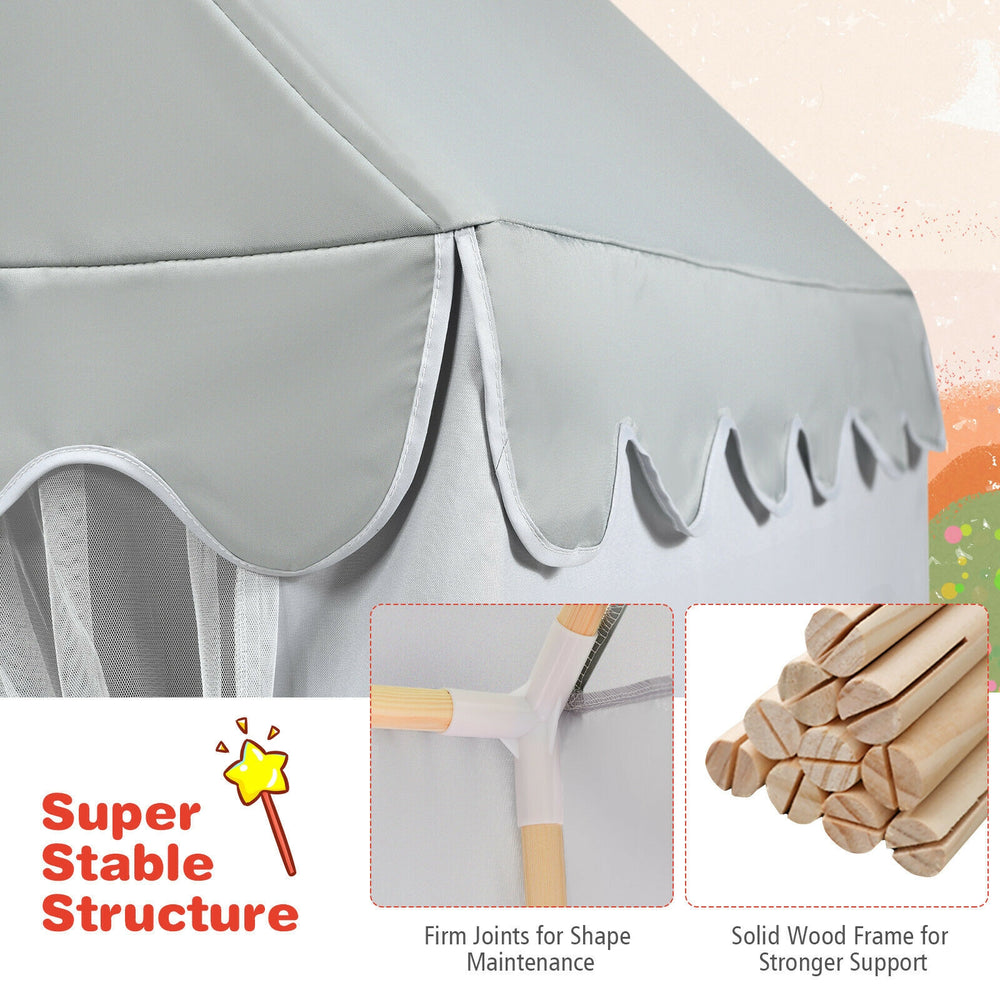 Kids large play castle fairy tent in gray with solid wood frame and soft mat, perfect for indoor and outdoor play.