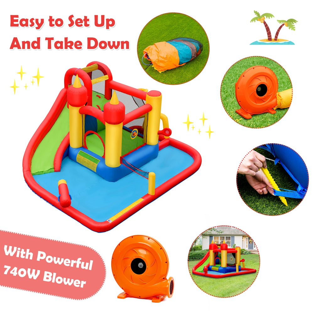 Inflatable water slide bounce house with 740 W blower, featuring a climbing wall, splash pool, and water cannon for.