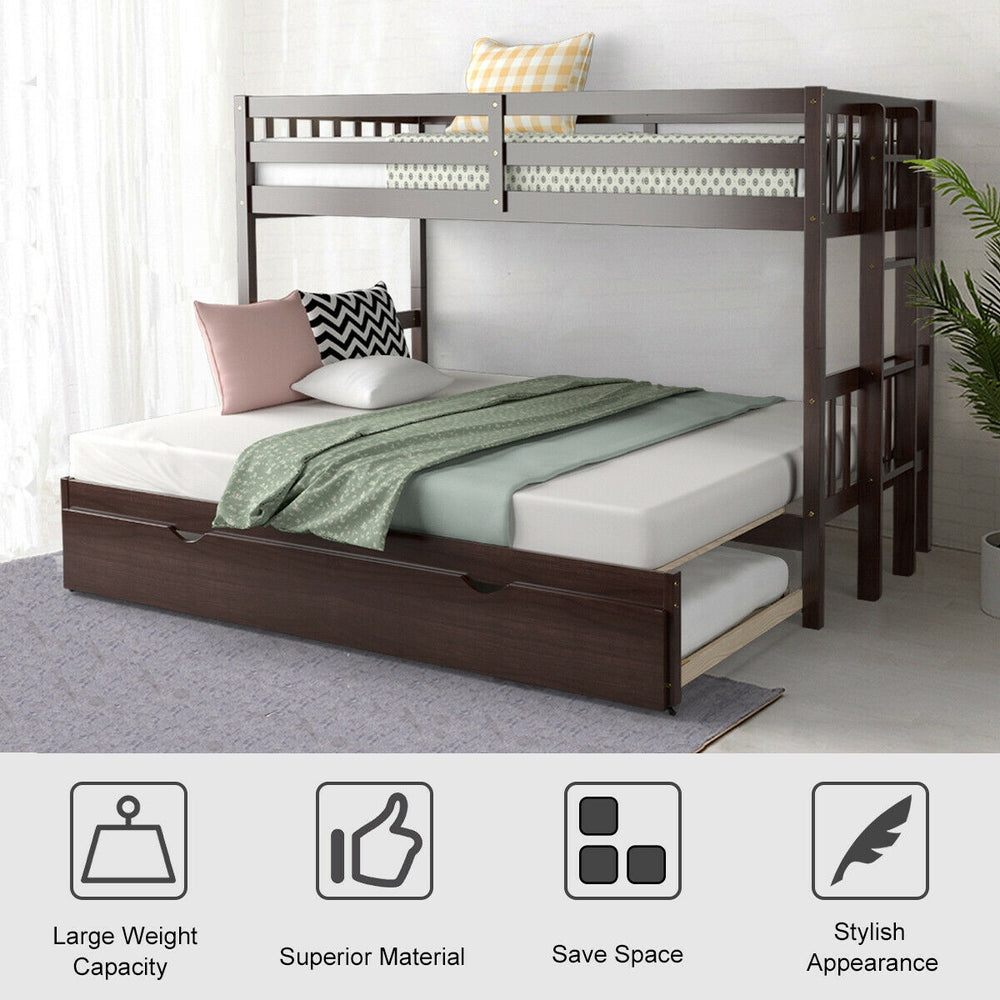 Twin pull-out bunk bed in espresso with trundle, full-length guardrails, and space-saving design for versatile use.
