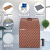 Portable personal steam sauna with waterproof fabric, 3L steamer, and folding chair for home relaxation and health care.