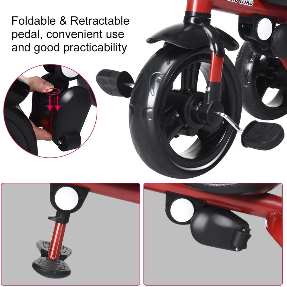 Close-up of the foldable pedal on a red 4-in-1 kids tricycle, featuring adjustable push handle for convenience.