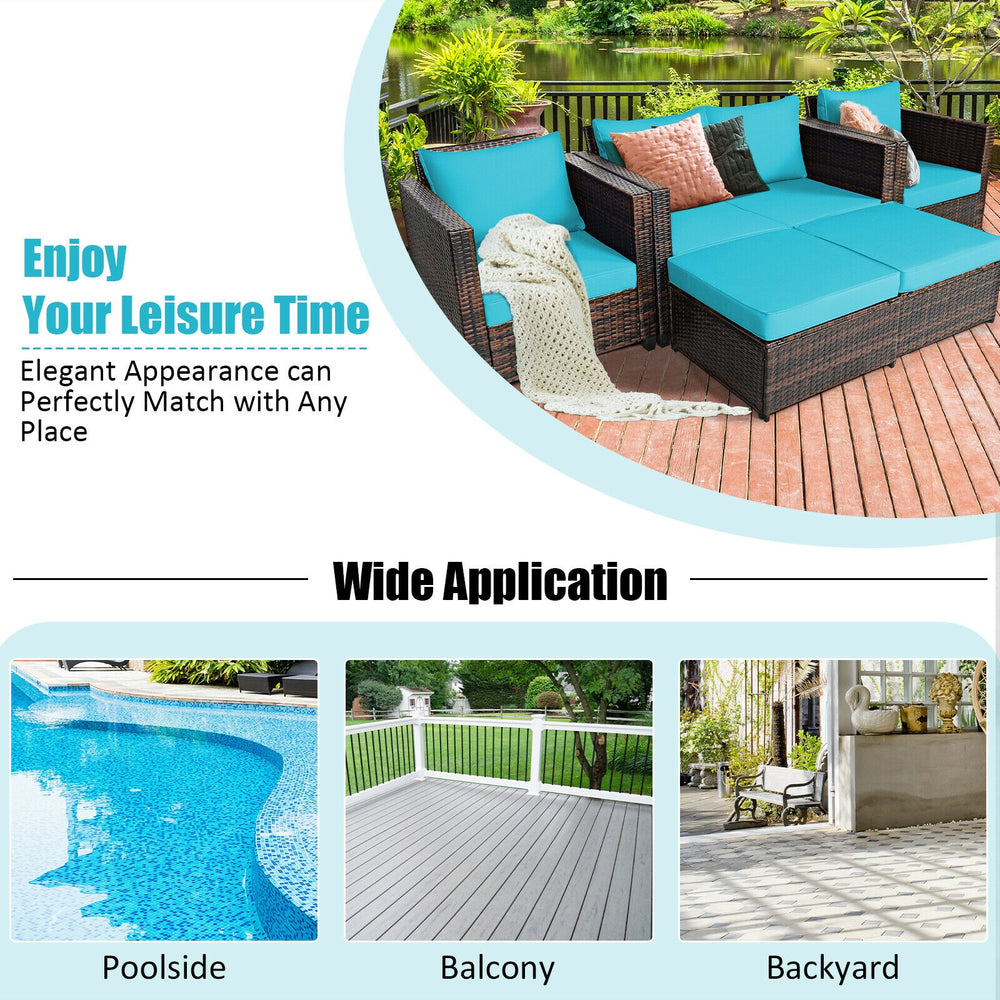 5-piece turquoise cushioned rattan furniture set, ideal for outdoor use on patios, balconies, and poolside gatherings.