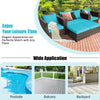 5-piece turquoise cushioned rattan furniture set, ideal for outdoor use on patios, balconies, and poolside gatherings.