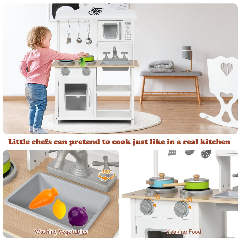 Wooden pretend play kitchen set for kids with sink, stove, and accessories, promoting imaginative cooking fun and skill.