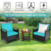 Turquoise 3-piece patio rattan furniture set with acacia wood table, featuring thick cushions for outdoor relaxation.