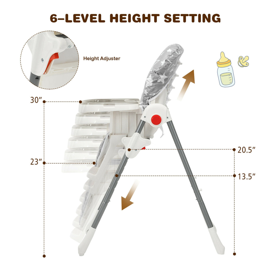 Folding baby high dining chair with 6-level height adjustment, gray, featuring a detachable tray and soft cushion for.