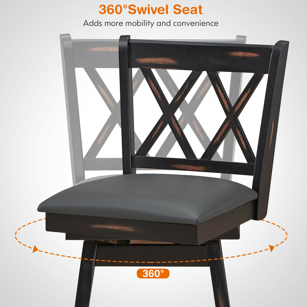 Black swivel counter height barstool with rubber wood legs, featuring a 360° swivel seat for added convenience.