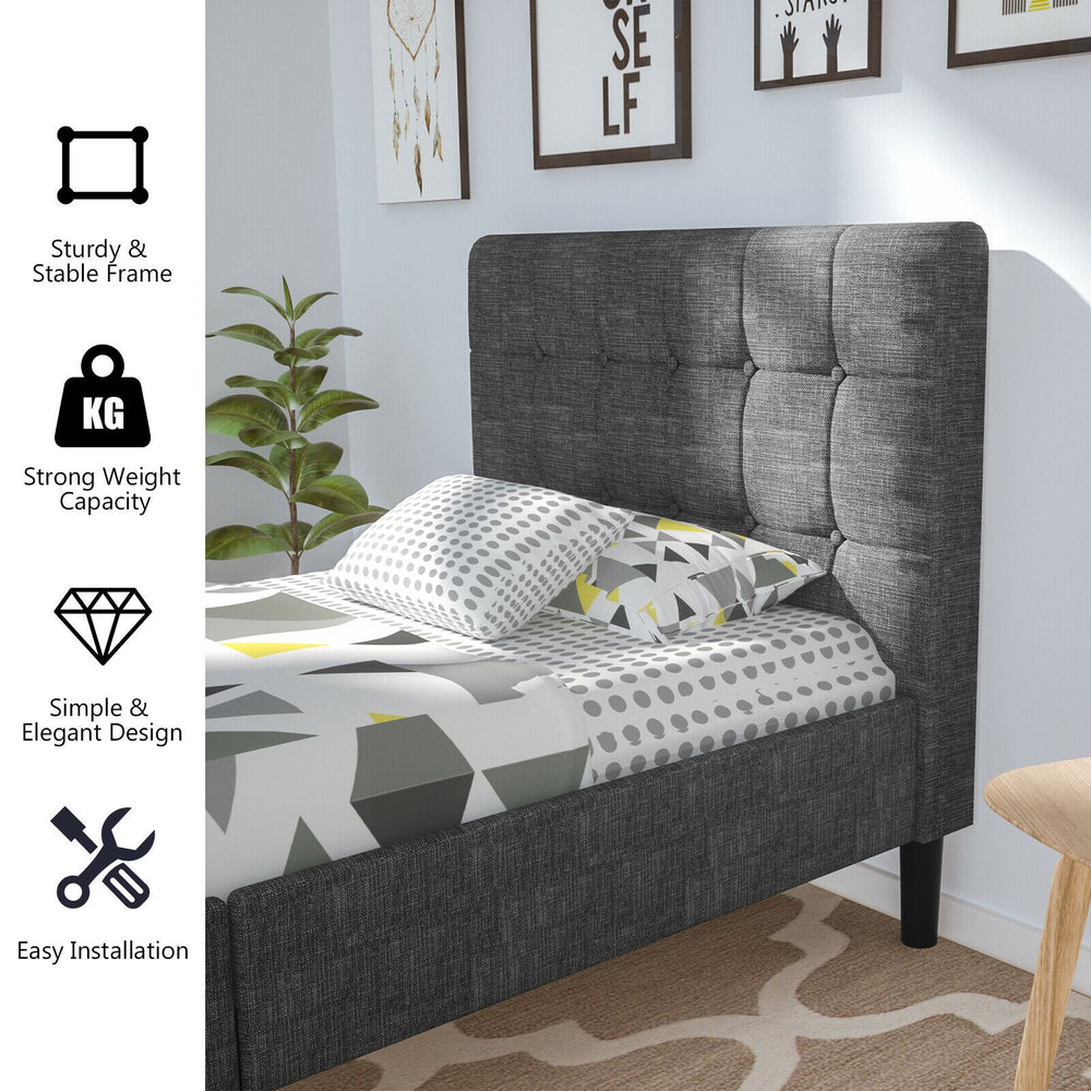 Gray platform bed with button tufted headboard, sturdy frame, and 7-inch under-bed storage for modern bedroom decor.