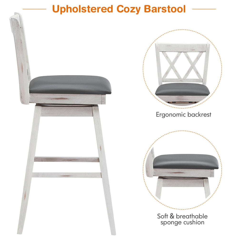 Side view of a 29-inch swivel barstool with rubberwood legs and a soft PVC leather cushion for comfortable seating.