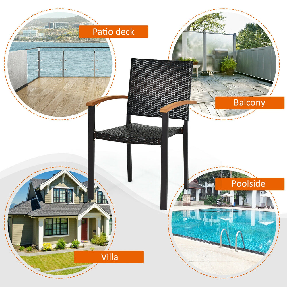 Stackable outdoor patio dining chair made of durable PE rattan with acacia wood armrests, ideal for garden and poolside.