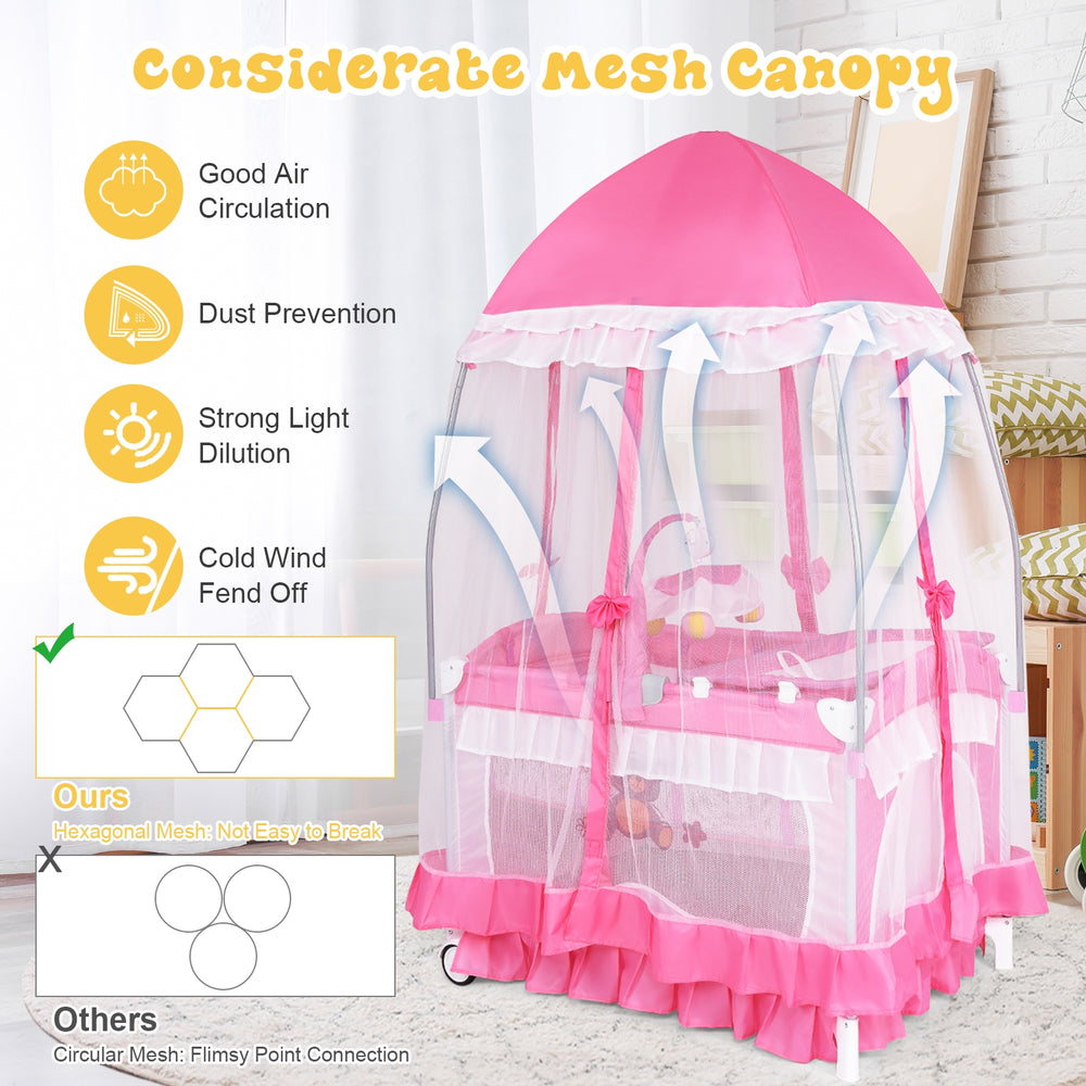 Portable pink baby playpen with a luxury mosquito net, diaper changing pad, and wheels for easy mobility.