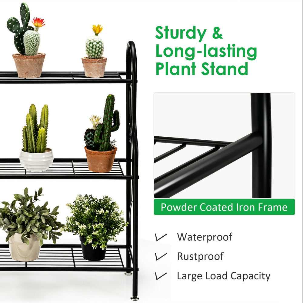3-tier black metal plant stand with powder-coated iron frame, ideal for organizing plants and enhancing outdoor decor.