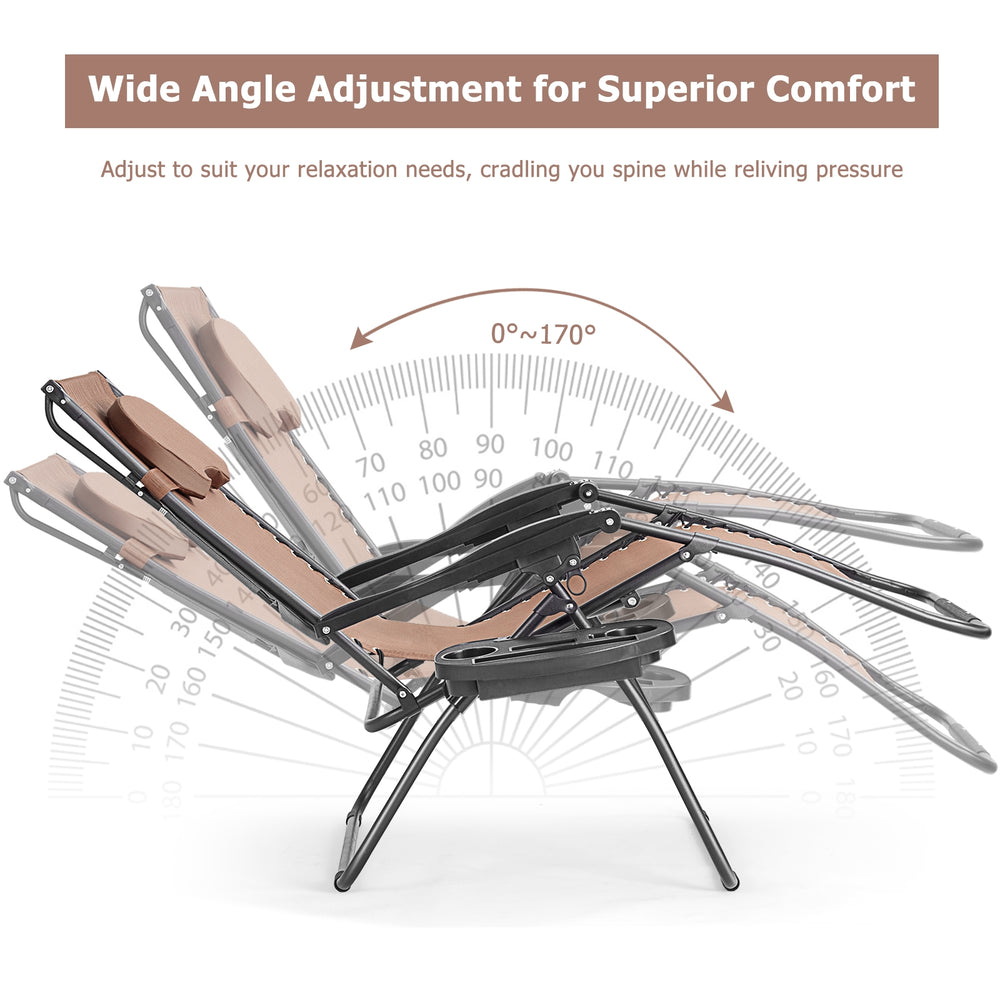 Folding recliner lounge chair in brown with adjustable back, sun shade canopy, and cup holder for outdoor relaxation.