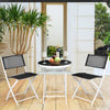 Folding bistro set featuring two black chairs and a round coffee table with a black tempered glass top for outdoor.
