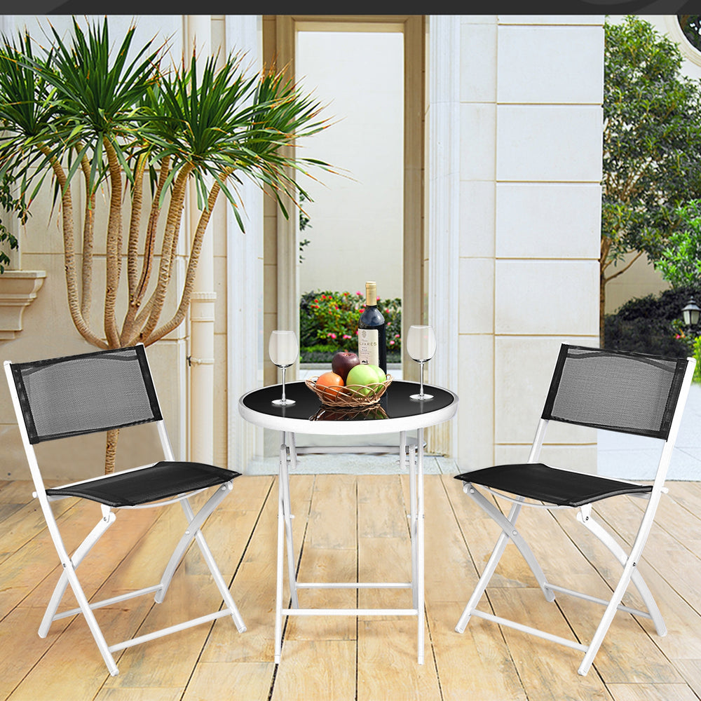 Folding bistro set featuring two black chairs and a round coffee table with a black tempered glass top for outdoor.