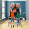Foldable double electronic basketball game with two hoops, four balls, and kids playing indoors for family fun.